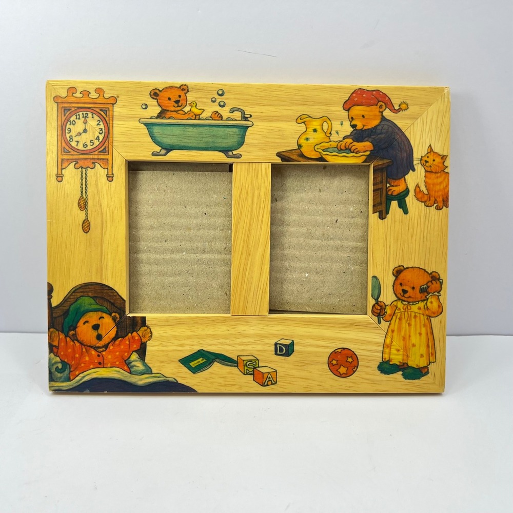 Vintage Cottage Wood Double Picture Frame Bears 2x3" Photos Teddy‎ Nursery Decor